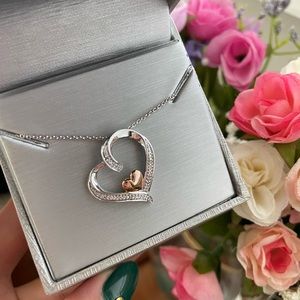 Diamond accent tilted double heart pendant sterling silver with 14k rose gold